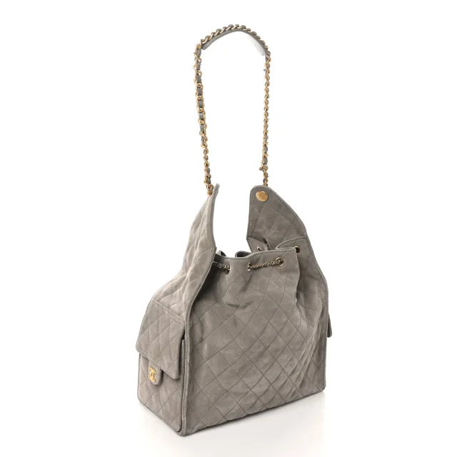 Quilted Medium Chanel 25 Handbag Dark Grey in Grey Suede from FASHIONPHILE, photo 3 of 9