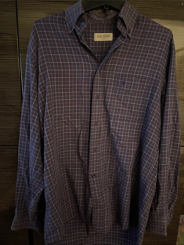 Balmain Men's Blue And White Plaid Button-Down Shirt in blue from Poshmark