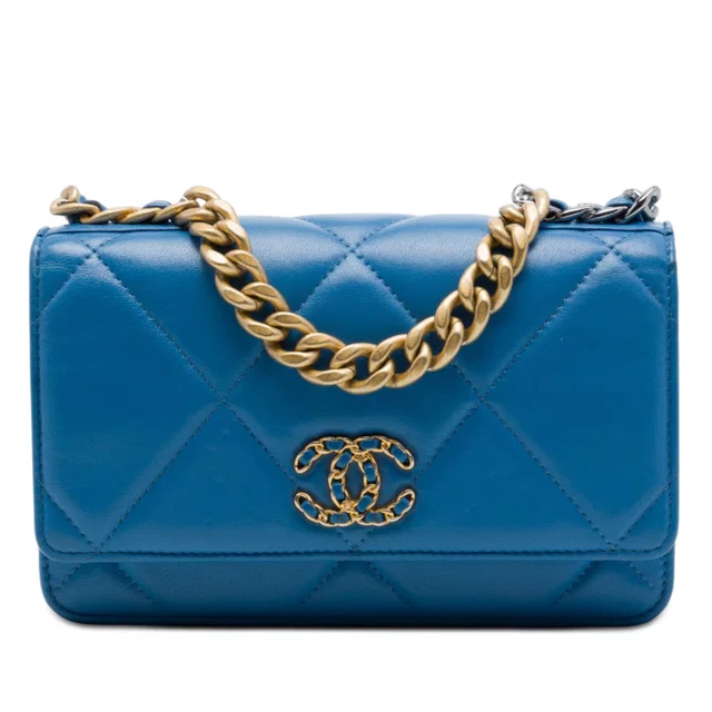Blue Chanel Quilted Lambskin 19 Wallet On Chain Satchel in Blue Lambskin from Designer Revival