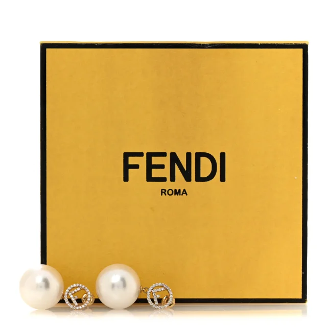 Fendi Metal Crystal Pearl Logo Drop Earrings Gold in Gold Resin from FASHIONPHILE, photo 7 of 7
