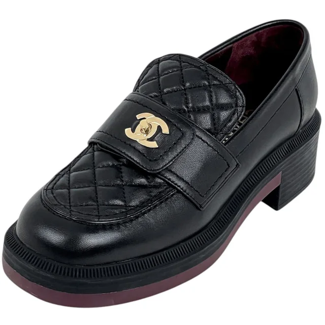 Chanel CC Logo Loafers Shoes Quilted Leather Black in Black Leather from The Reluxe