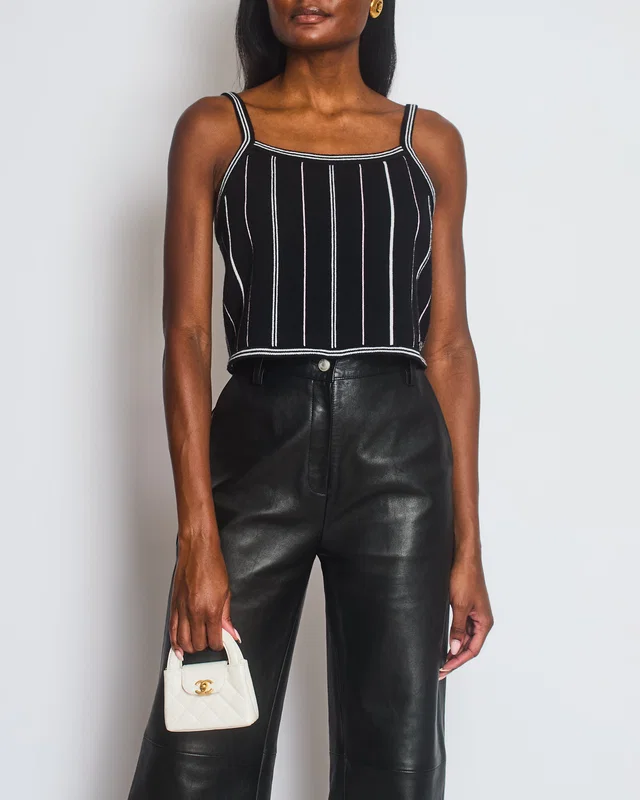 Chanel 23/P Black Knitted Vest Top with White & Light Pink Stripes Detail Size FR 38 (UK 10) in Black Cashmere from Sellier
