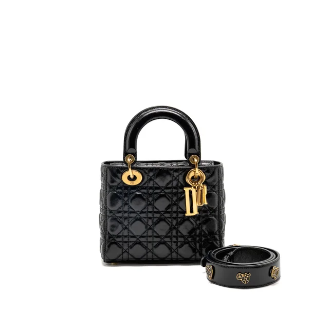small lady dior crinkled patent calfskin black ruthenium gold hardware in Black Calfskin from EMIER