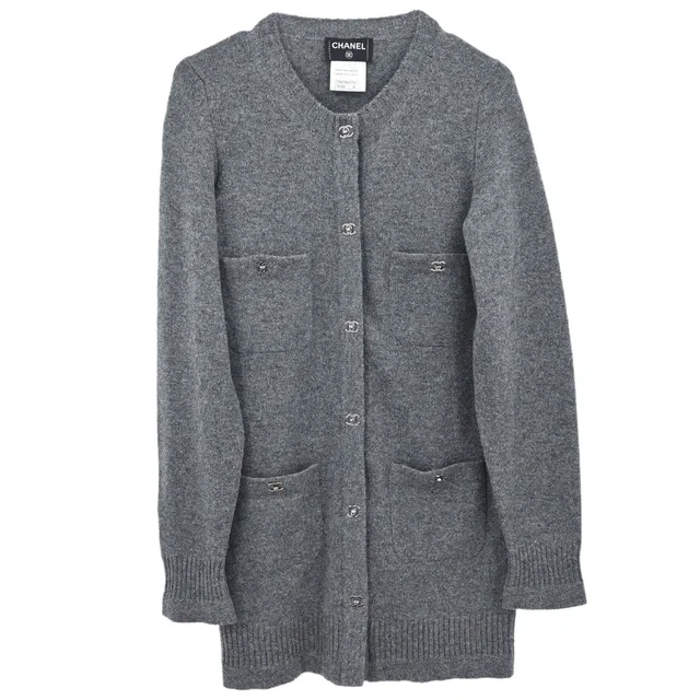Chanel 2010 Cardigan Turnlock Button Gray #38 in Grey Cashmere from AMORE Vintage Tokyo
