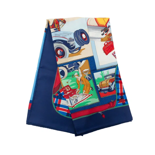 Blue Hermès L Elegance et le Confort en Automobile Silk Scarf 90 Scarves in Blue Silk from Designer Revival