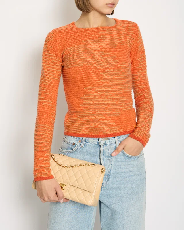 Chanel 14K Carrot Orange Cashmere Jacquard Jumper with CC Detail Size FR 34 (UK 6) in Orange Cashmere from Sellier