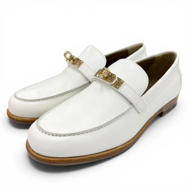 Hermès Moccasins Destin Calfskin Gold Kelly Buckle Loafers White in White Calfskin from The Reluxe