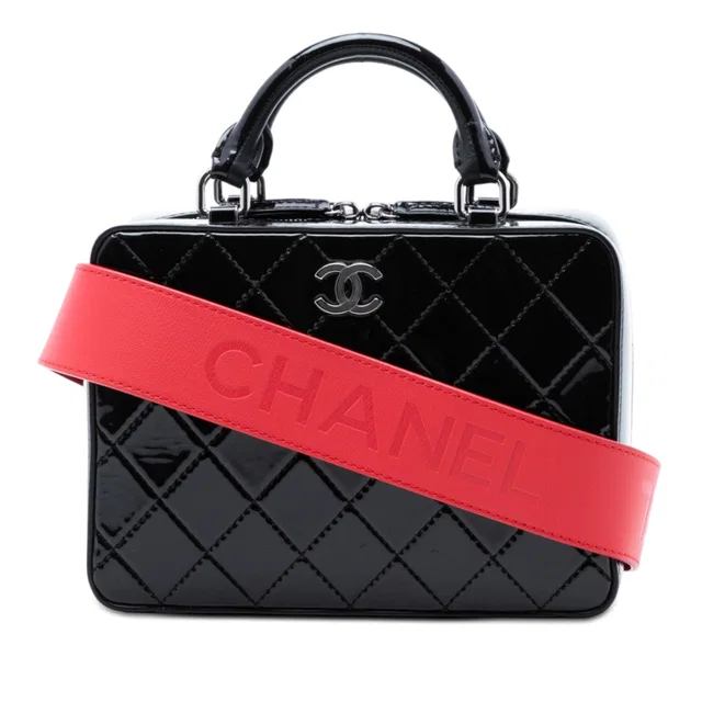 Black Chanel CC Quilted Patent Travel Kit Vanity Case Satchel in Black Patent leather from Designer Revival