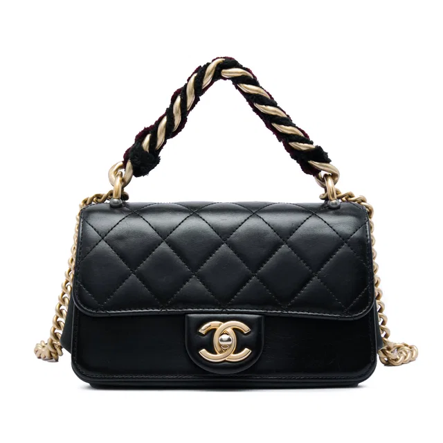 Black Chanel Mini Quilted Calfskin Straight Lined Flap Satchel in Black Calfskin from Designer Revival