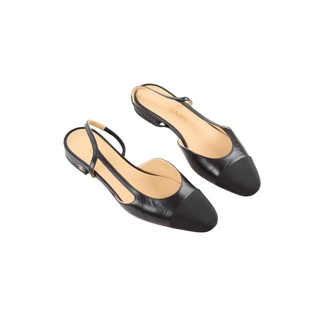 Chanel Grosgrain Slingback Flats Goatskin Black in Black Goatskin from The Purse Affair