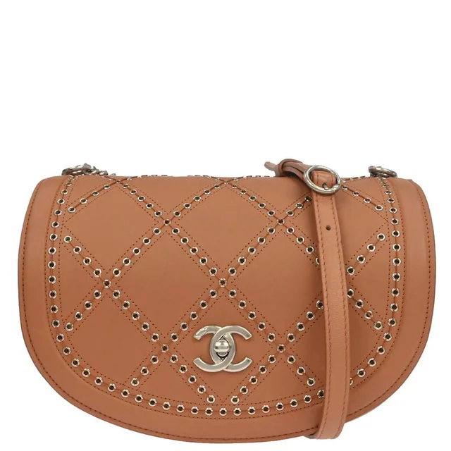 Chanel 2018 Brown Calfskin Coco Eyelets Round Flap Shoulder Bag in Brown Calfskin from AMORE Vintage Tokyo
