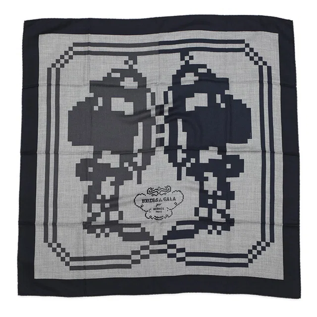 Hermès Carre H 100 Brides de Gala Pixel Size 100 Gris Cine / Anthracite / Marine Fonce Cashmere70%… in Navy from GALLERY RARE
