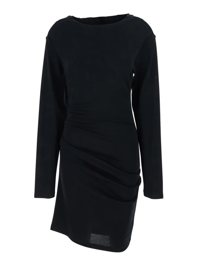 'Umido' Black Dress with Round Neck and Draped Details in Virgin Wool for Women in Black, image 1 of 1 from Gaudenzi Boutique