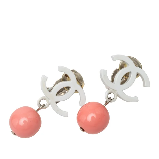 White Chanel CC Gold Plated Resin Ball Drop Clip On Earrings in White Resin from Designer Revival