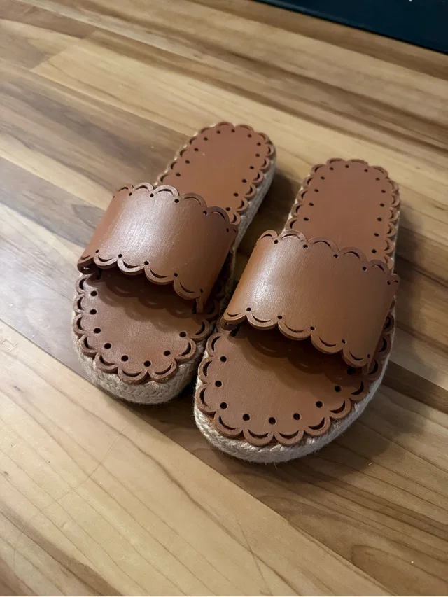 REDValentino Scalloped Leather Espadrille Slide Sandals - Tan in brown|neutral Leather from Poshmark