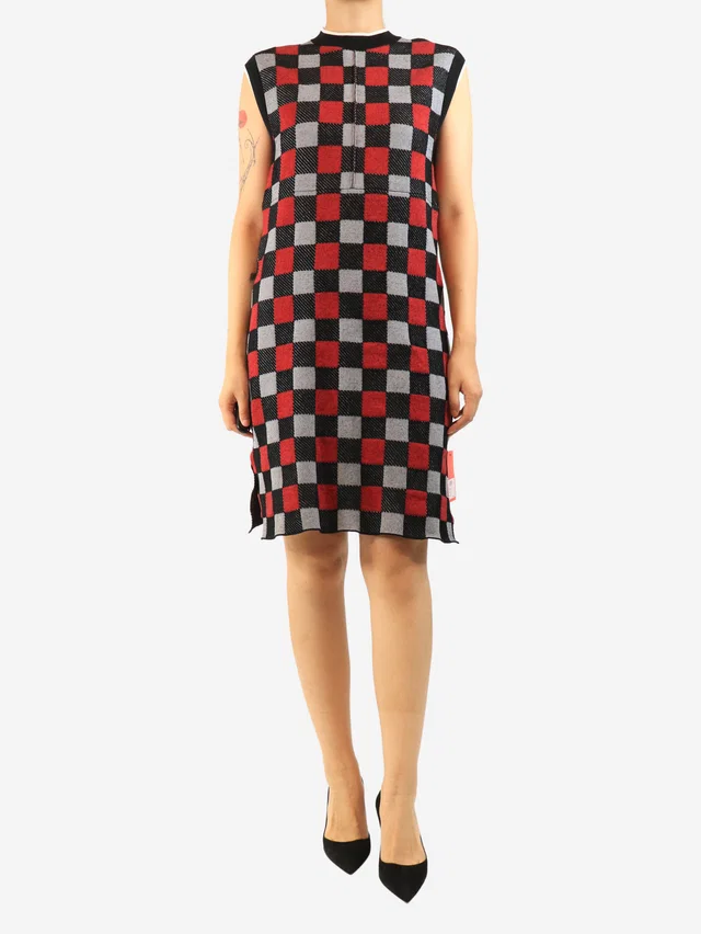 Marni Grey and red sleeveless check knit dress - size UK 10 in Red Nylon from Sign of the Times