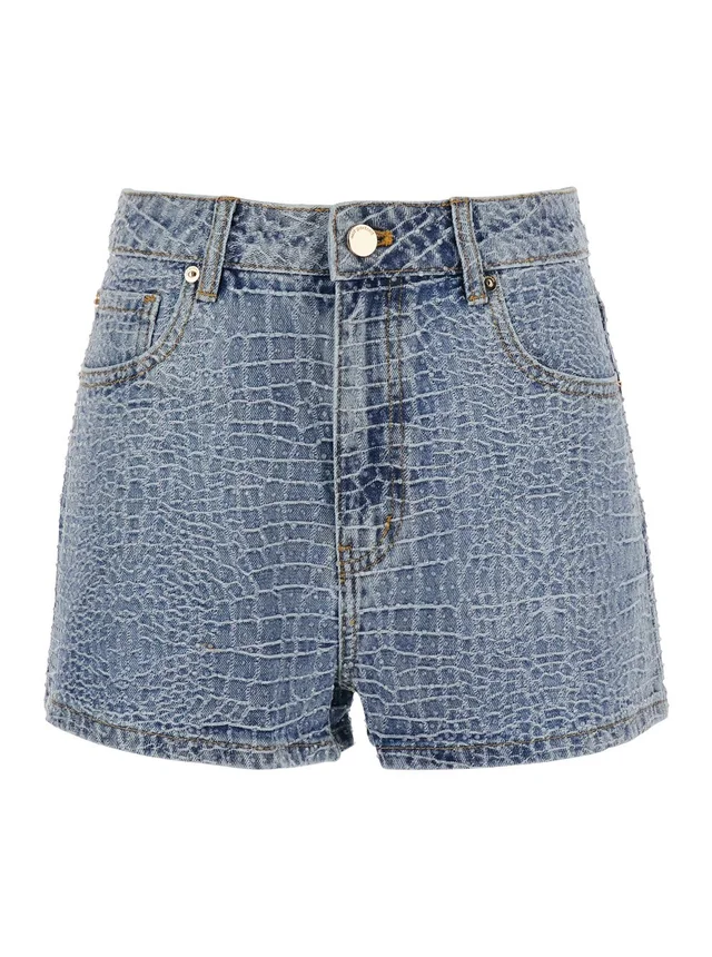 SELF-PORTRAIT Shorts 'Rhinestone Croc Effect' Blue Denim with Strass Details - Cotton - Women in Blue, photo 2 of 6 from Gaudenzi Boutique