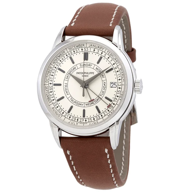 Patek Philippe Calatrava Silvery Opaline Dial Mens Watch 5212A-001 in silver|gray|brown|red Calfskin from Jomashop.com