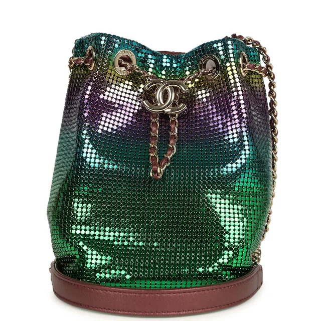 Chanel Mini Bucket Bag Green, Purple and Blue Ombre Metallic Mesh Light Gold Hardware in Blue Leather from Madison Avenue Couture