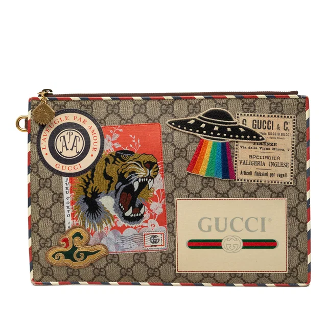 Beige Gucci GG Supreme Courrier Clutch in Beige Coated canvas from Designer Revival