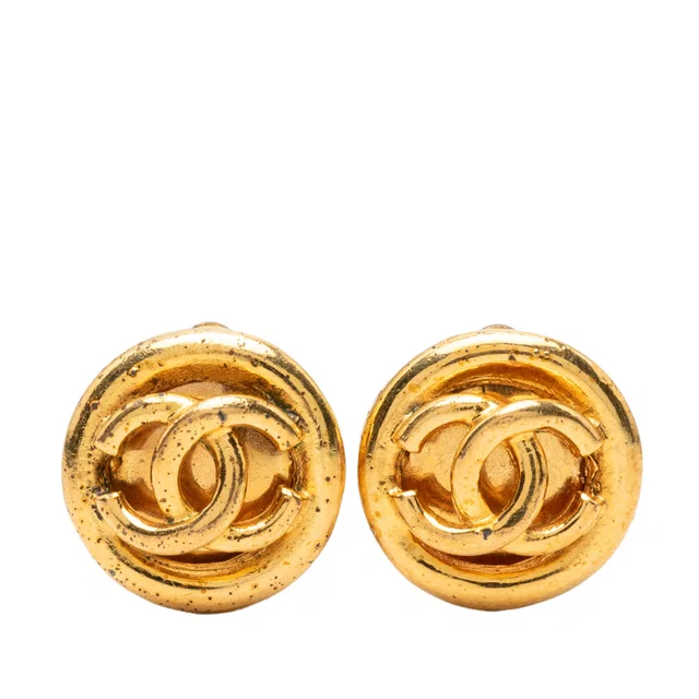 Gold Chanel CC Gold Plated Round Clip On Earrings in Gold from Designer Revival