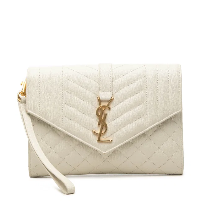 White Saint Laurent Grain De Poudre Triquilt Monogram Envelope Clutch in White Leather from Designer Revival