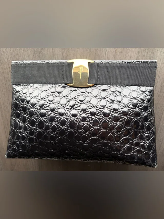 Ferragamo Black Croc-Embossed Leather Clutch in black|gold Crocodile from Poshmark, photo 1 of 1