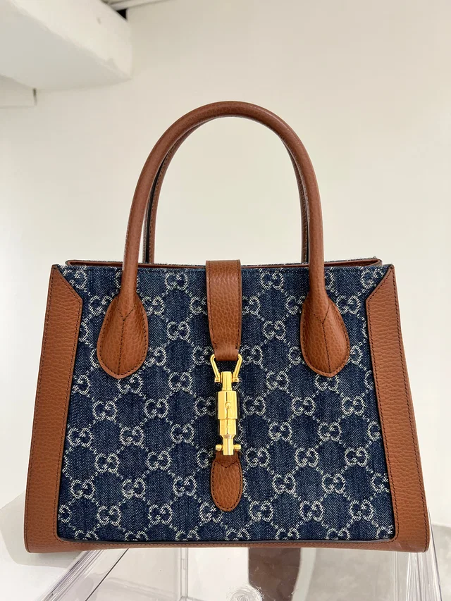 Gucci Dark Blue+Brown GG Jaquard Denim+Leather Bag in Brown Denim from Luxury Promise
