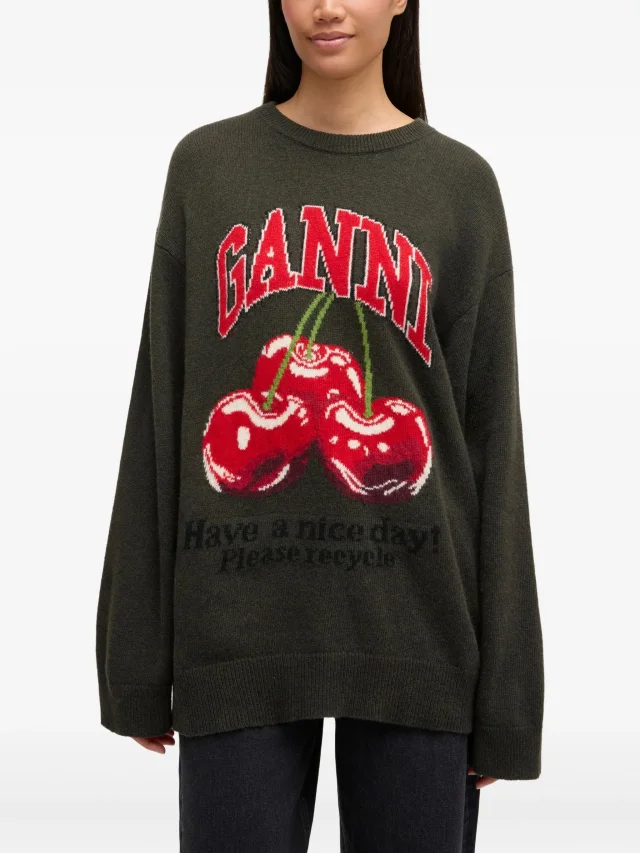 GANNI oversized graphic sweater in Green, photo 3 of 4 from FARFETCH