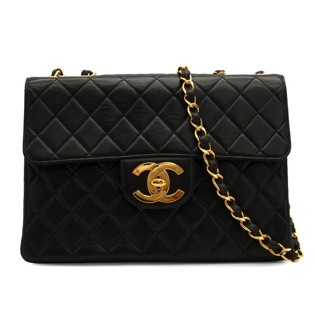Chanel Vintage Jumbo Matelasse 30 Chain Shoulder Bag Black Lamb Skin Gold Hardware in Black Leather from Luxury Promise
