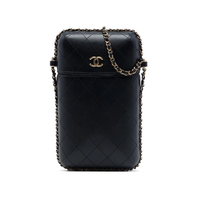 Black Chanel CC Quilted Lambskin Chain Around Phone Holder Crossbody Bag in Black Lambskin from Designer Revival
