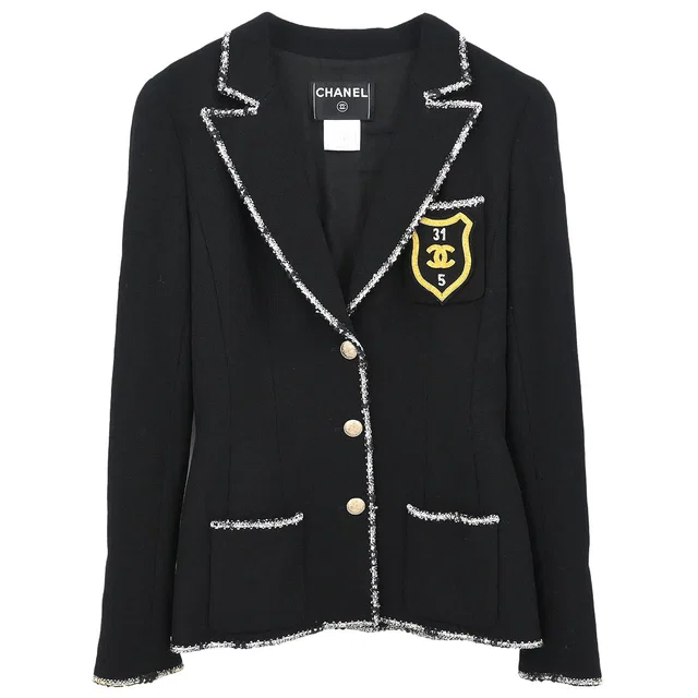 Chanel 2005 Emblem Single Breasted Jacket Black #38 in Black Wool from AMORE Vintage Tokyo