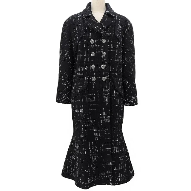 Chanel Checked Pattern CC Mark Button Mermaid Coat #38 Black/White in Black from VINTAGE QOO TOKYO