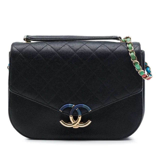 Black Chanel Paris Cuba Medium Quilted Caviar Thread Around Flap Satchel in Black Caviar leather from Designer Revival