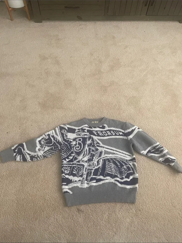 Burberry Gray Navy And White Graphic Crewneck Sweater in blue|gray from Poshmark, photo 1 of 1