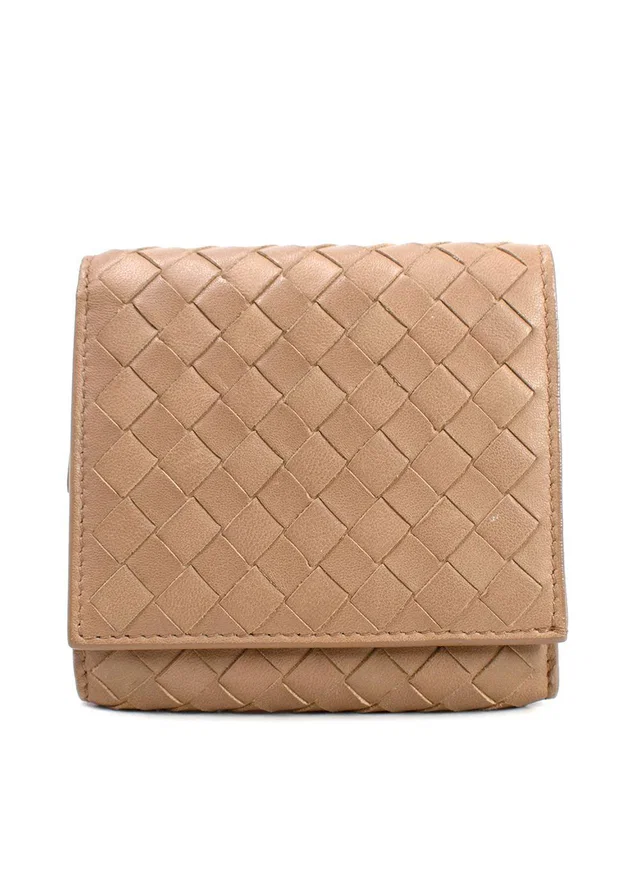 Bottega Veneta Beige Small Intrecciato Tri-Fold Wallet in Beige Woven leather from HEWI