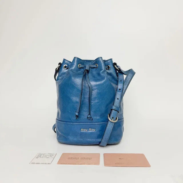 Miu Miu Vitello Shine Drawstring Shoulder Bag Leather Blue Silver Vintage in Blue Leather from The Reluxe
