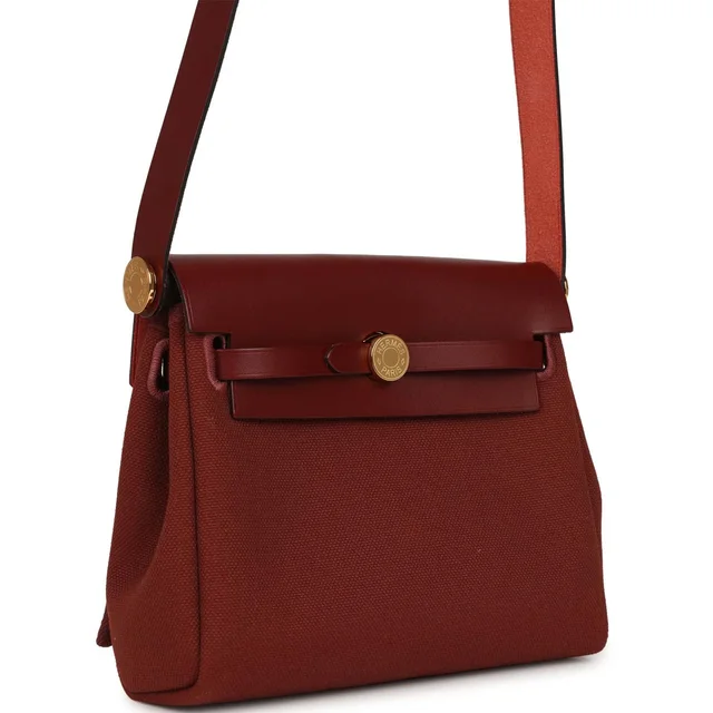 Hermès Herbag Zip 20 Mini Rouge H Toile Militaire Canvas and Vache Hunter Gold Hardware in Burgundy Canvas from Madison Avenue Couture, photo 2 of 10