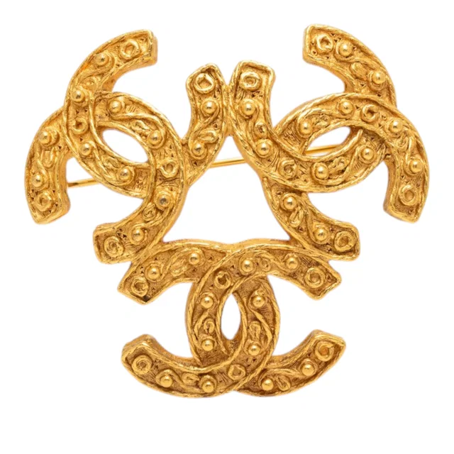 Gold Chanel Gold Plated Triple CC Brooch in Gold from Designer Revival