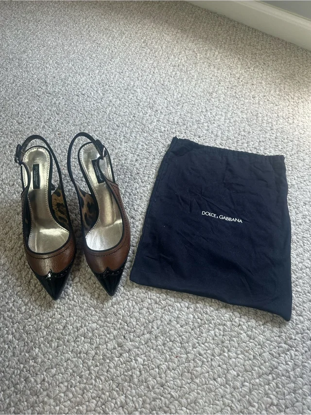Dolce & Gabbana Brown And Black Pointed Slingback Cracle Pumps With Bag in black|brown|red Patent leather from Poshmark, photo 1 of 1
