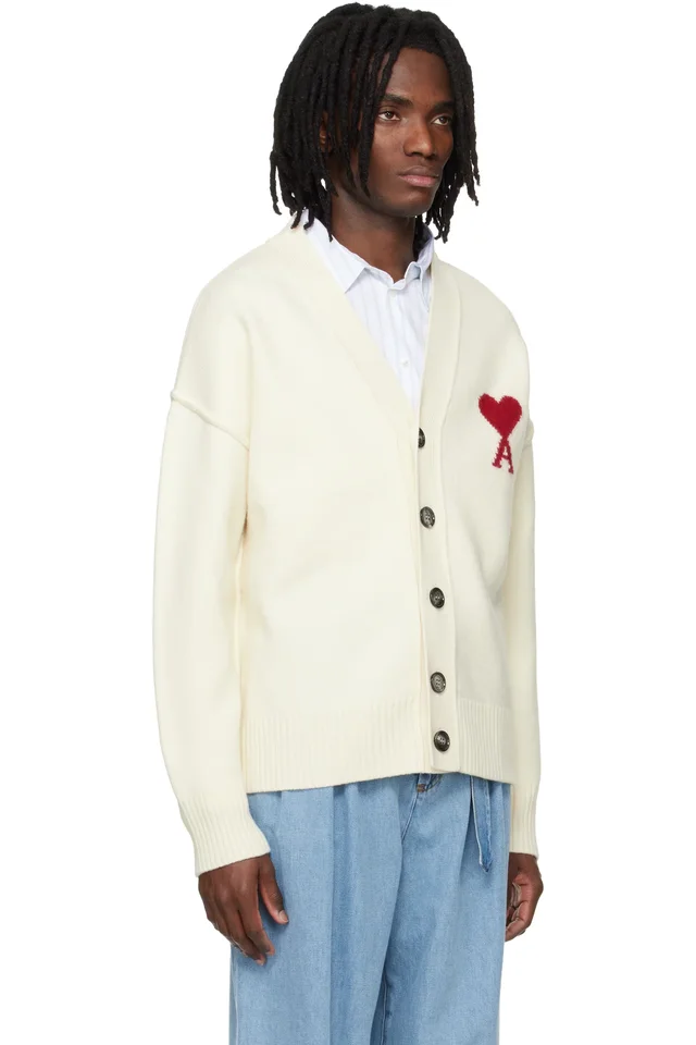 AMI Paris Off-White Wool Contrasted Ami de Coeur Cardigan, photo 2 of 4 from SSENSE