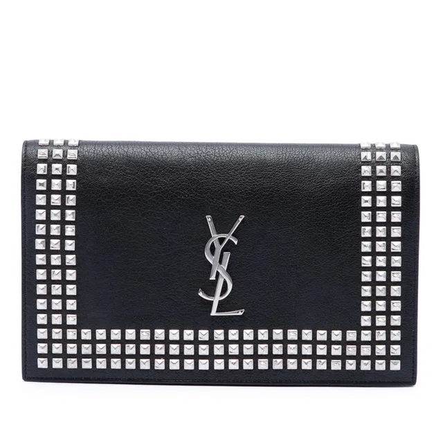 Black Saint Laurent Studded Leather Monogram Clutch in Black Leather from Designer Revival