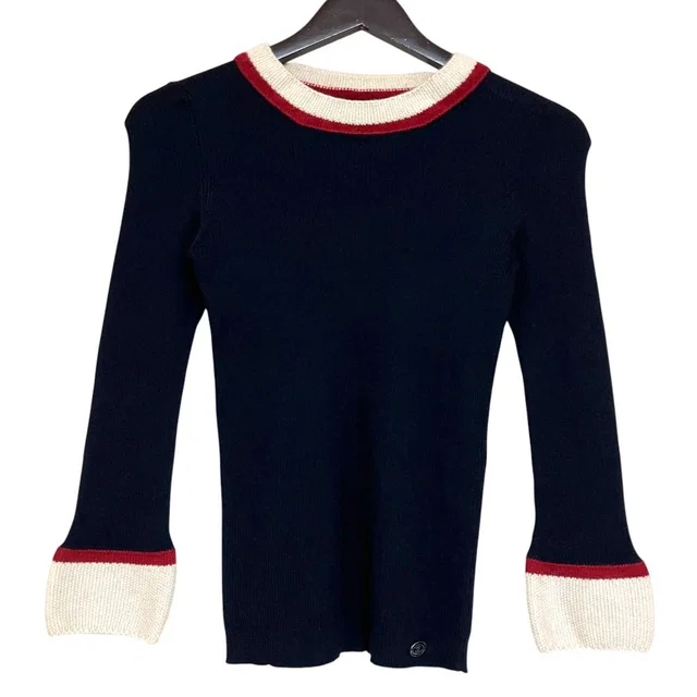 Chanel 07A Cashmere Silk Long Sleeve Knit Top Sweater 38 Navy in Navy Silk from The Reluxe
