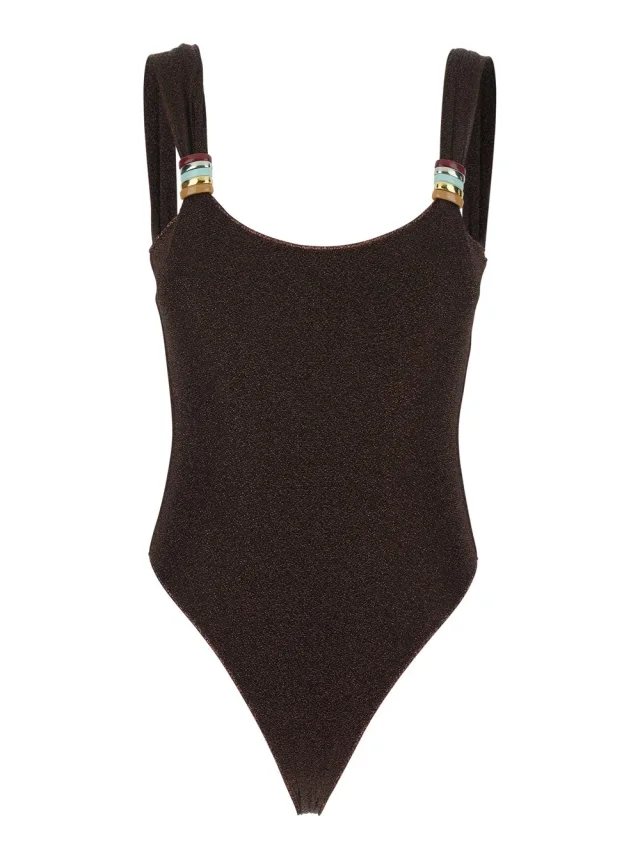 Oséree 'Lumiere' Brown One-Piece Swimsuit with Straps with Ring Detail in Tech Fabric Women in Brown from Gaudenzi Boutique, photo 1 of 1