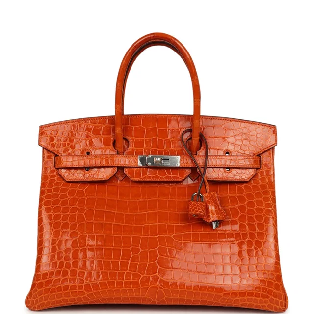 Hermès Birkin 35 Orange Shiny Porosus Crocodile Palladium Hardware in Orange Crocodile from Madison Avenue Couture