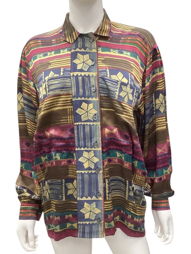 Escada Blouse Women’s Size Small Silk Button-Down Multicolor Print in purple|yellow Silk from Poshmark