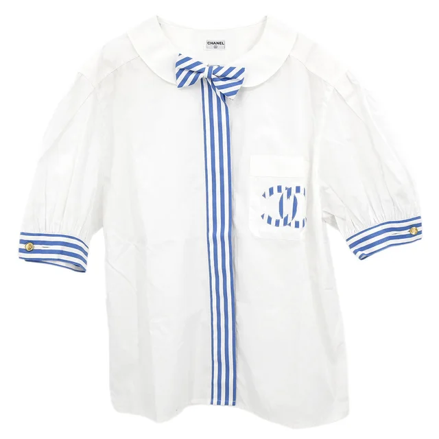 Chanel Short Sleeve Shirt Blouse Top White in White from AMORE Vintage Tokyo