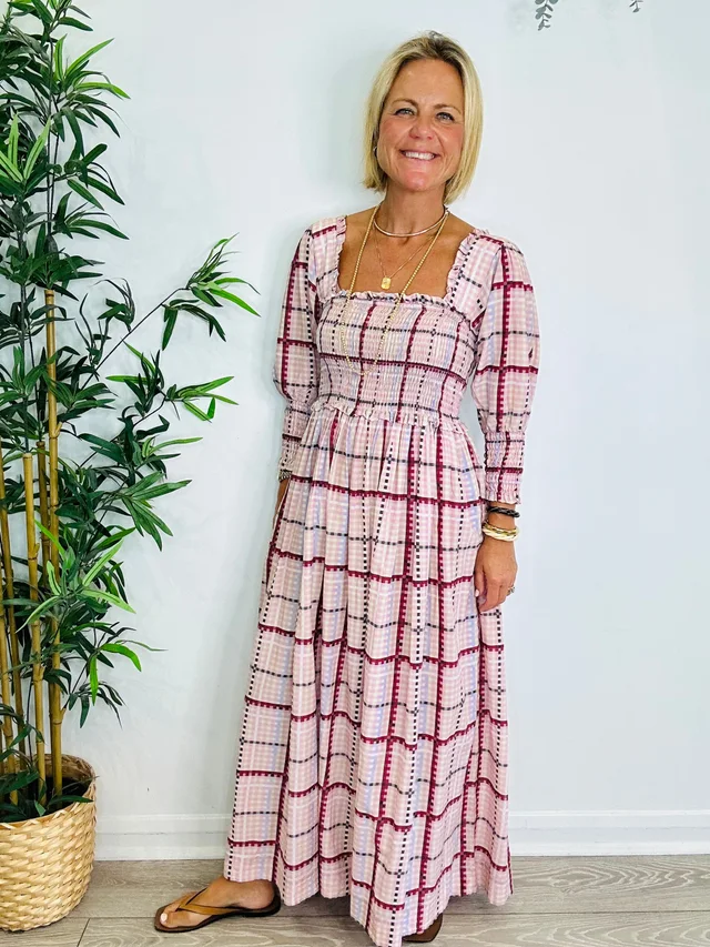 GANNI Smocked Check Dress - Size 36 in Silk from Edit Second Hand