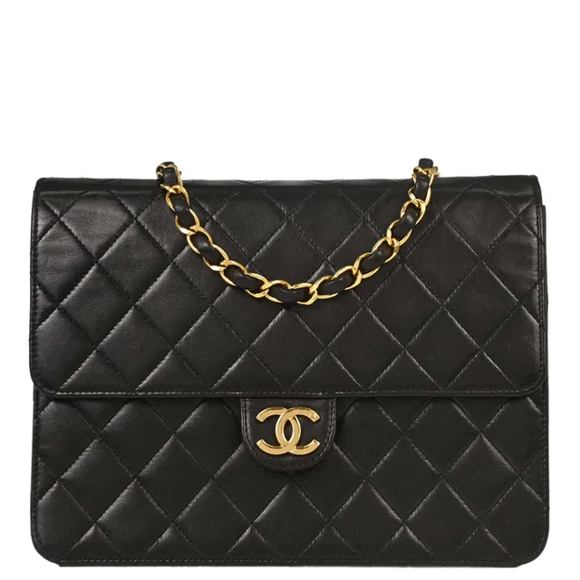 Chanel 1994-1996 Black Lambskin Pushlock Small Half Flap Shoulder Bag in Black Lambskin from AMORE Vintage Tokyo