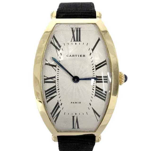Cartier Watch Tonneau 750 Yellow Gold Guilloche Dial Manual Wind Black in Black Leather from The Reluxe